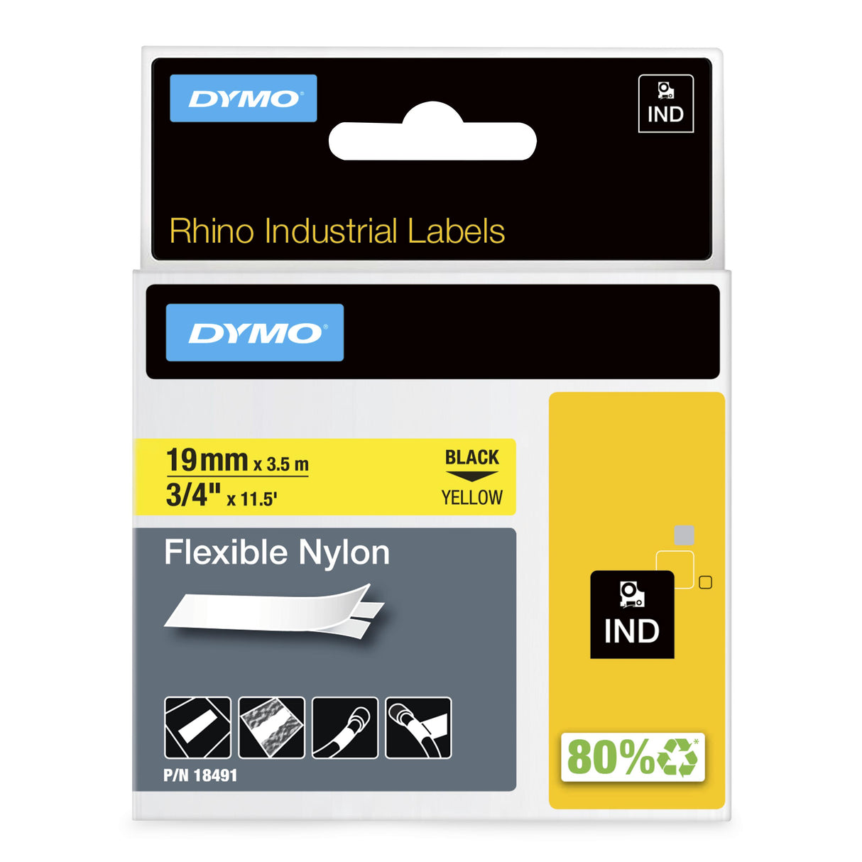 DYMO Rhino Industrial Flexible Nylon Labels | 19 mm x 3.5 m | Black Print on Yellow | Self-Adhesive | for Rhino & LabelManager Label Makers - 18491