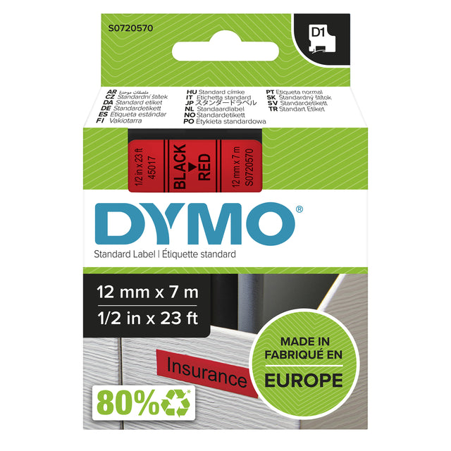 DYMO Authentic D1 Labels | Black Print on Red Tape | 12 mm x 7 m | Self-Adhesive Labels for LabelManager Label Makers | Made in Europe - S0720570 - eCommerce Business Prime