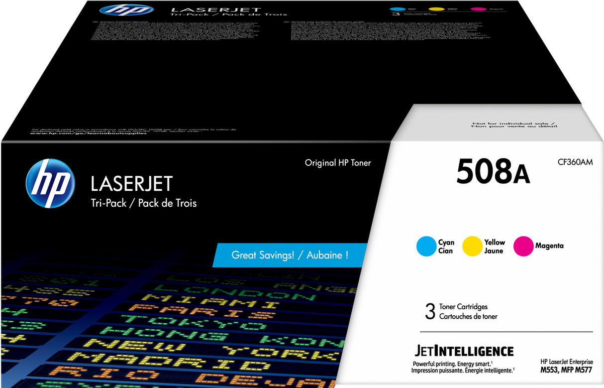 HP 508A 3-pack Cyan/Magenta/Yellow Original LaserJet Toner Cartridges CF360AM