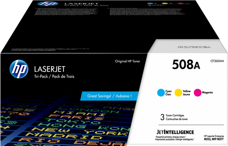 HP 508A 3-pack Cyan/Magenta/Yellow Original LaserJet Toner Cartridges CF360AM