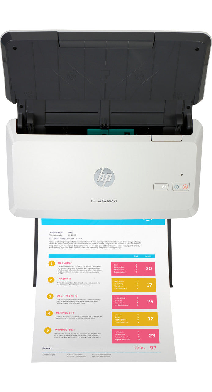 HP ScanJet Pro 2000 s2 Scanner; Scan speed 35 ppm/70 ipm (@300 ppi BWGC); Max Resolution: ADF 600 x 600 ppi optical, ADF 1200 x 1200 ppi software; Up to 3,000 pages per daily duty cycle; Button only 6FW06A#BGJ