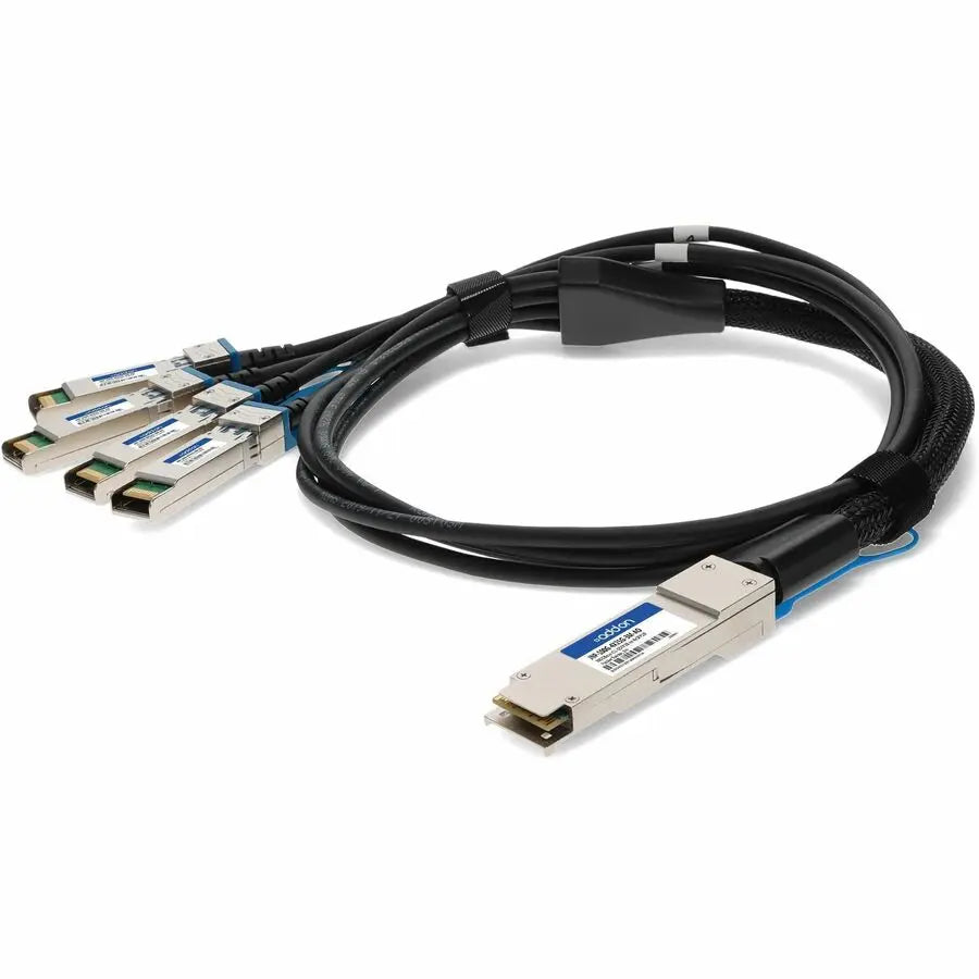 ADD-ON AddOn Twinaxial Network Cable - 9.84 ft Twinaxial Network Cable for Network Device, Transceiver - First End: 1 x QSFP28 Network - Male - Second End: 4 x SFP28 Network - Male - 100 Gbit/s - 28 AWG - Aqua - 1 - TAA Compliant