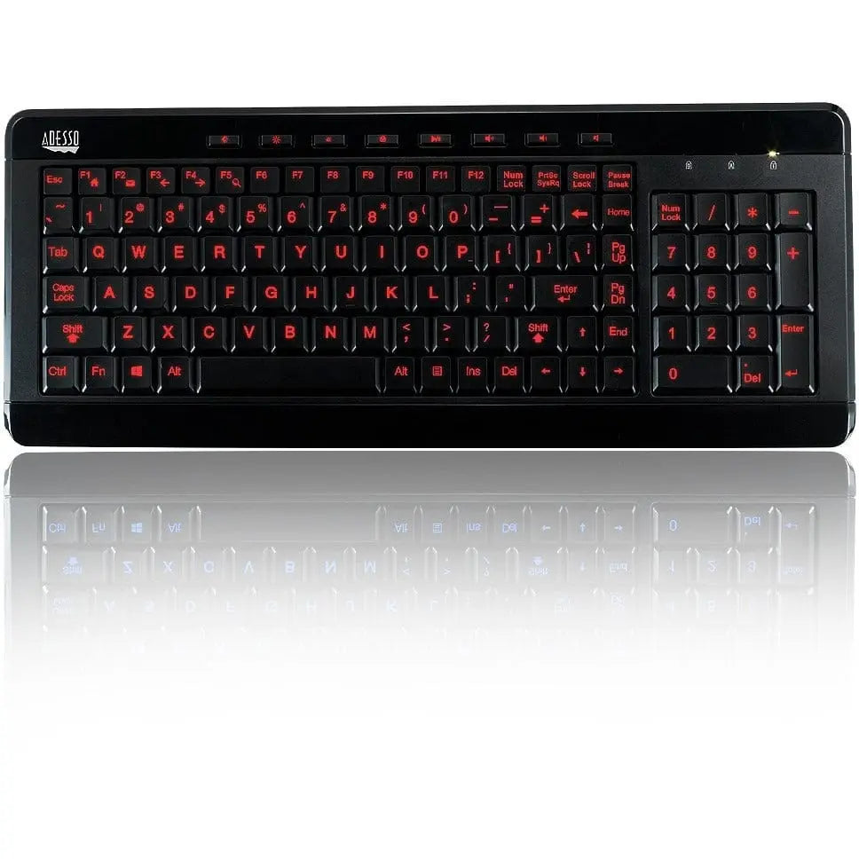 ADESSO Adesso 3-Color Illuminated Compact Multimedia Keyboard - Cable Connectivity - USB Interface Backlight On/Off, Play/Pause, Mute, Volume Down, Volume Up, Illumination Key, Adjustable Brightness, Windows...  - AKB-120EB