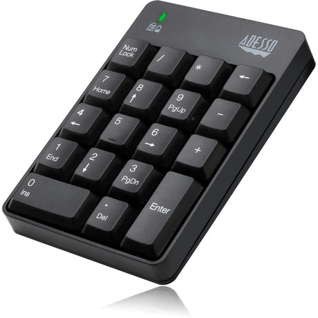 ADESSO Adesso Wireless Spill Resistant 18-Key Numeric Keypad - Wireless Connectivity - RF - 30 ft - 2.40 GHz - USB Interface - 18 Key - English (US) - Computer - Windows - Membrane Keyswitch - AAA Battery Si - WKB-6010UB