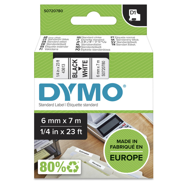 DYMO Authentic D1 Labels | Black Print on White Tape | 6 mm x 7 m | Self-Adhesive Labels for LabelManager Label Makers | Made in Europe - S0720780 - eCommerce Business Prime