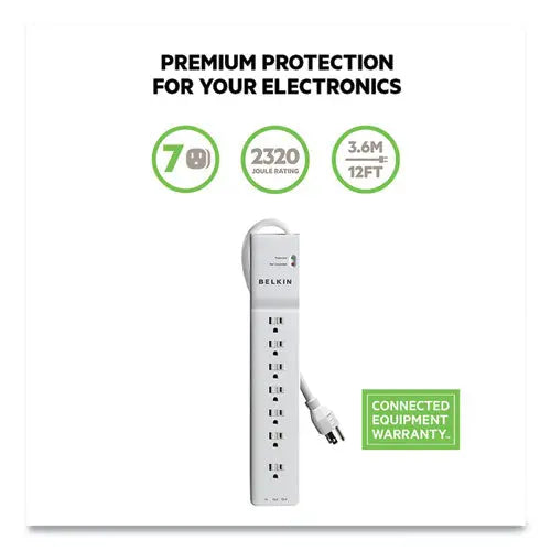 BELKIN BELKIN Home/Office Surge Protector, 7 AC Outlets, 12 ft Cord, 2,160 J, White - BE107200-12