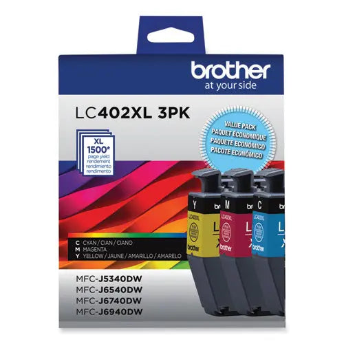 BROTHER BROTHER  High-Yield Ink, 1,500 Page-Yield, Cyan/Magenta/Yellow - LC402XL3PKS