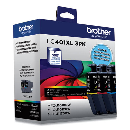BROTHER BROTHER  High-Yield Ink, 500 Page-Yield, Cyan/Magenta/Yellow, 3/Pack - LC401XL3PKS
