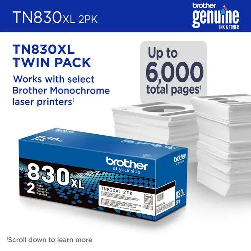 BROTHER BROTHER TN830XL High-Yield Toner, 3,000 Page-Yield, Black, 2/Pack - TN830XL2PK