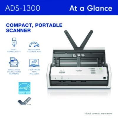 BROTHER Scanner ADS-1300 Compact Desktop Scanner, 600 dpi Optical Resolution, 20-Sheet Duplex Auto Document Feeder - ADS1300