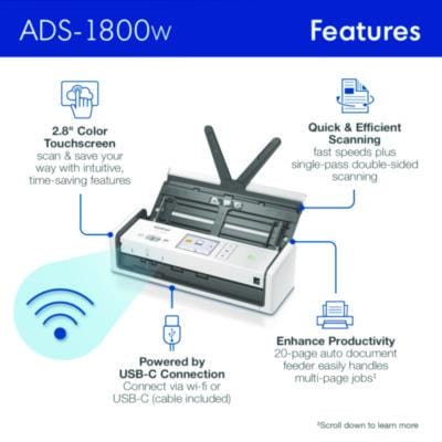 BROTHER Scanner ADS-1800W Compact Desktop Scanner, 600 dpi Optical Resolution, 20-Sheet Duplex Auto Document Feeder - ADS1800W