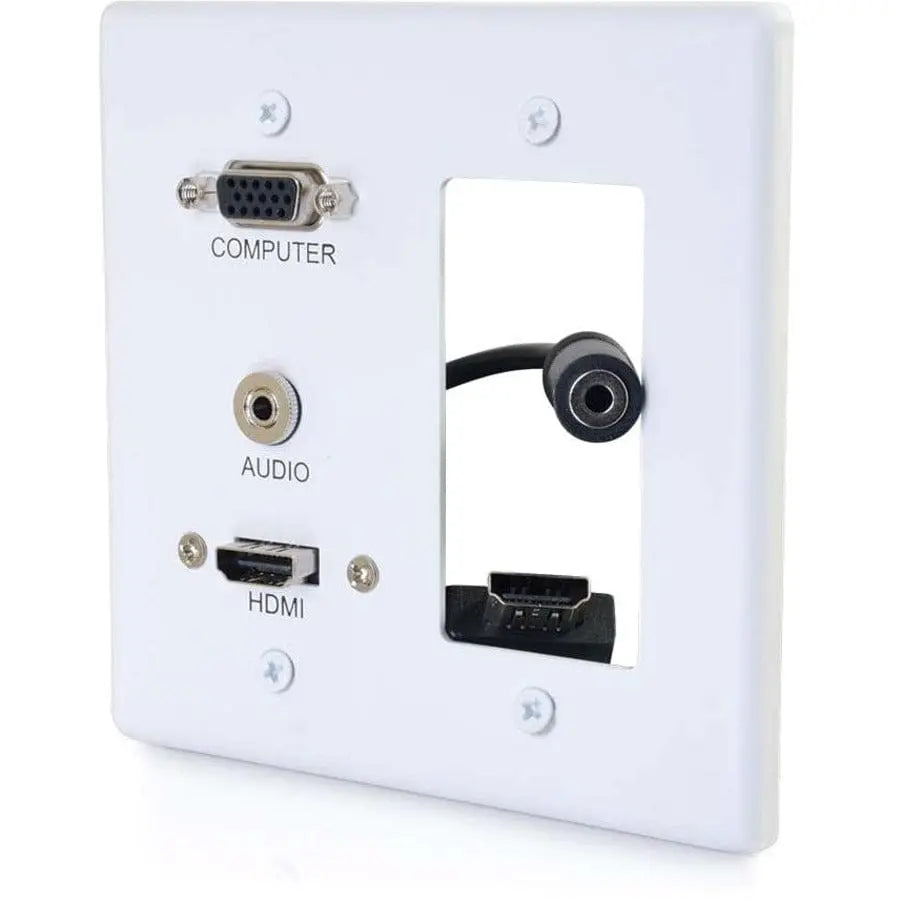 C2G Decorative Dual Gang VGA, 3.5mm Audio and HDMI Wall Plate White - 2-gang - White - Aluminum, Polyvinyl Chloride (PVC) - 1 x HDMI Port(s) - 1 x Mini-phone Port(s) - 1 x VGA Port(s) - 39877 C2G