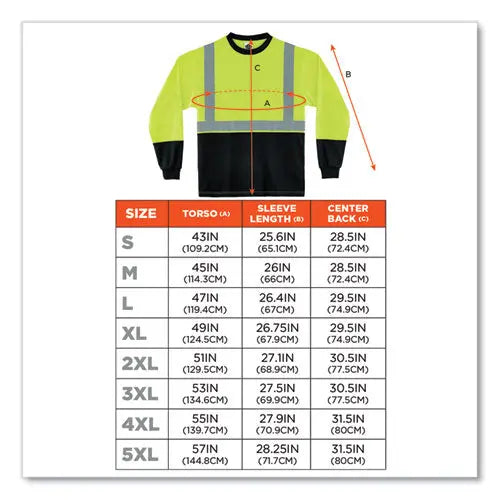 C2G C2G GloWear 8291BK Type R Class 2 Black Front Long Sleeve T-Shirt, Polyester, 3X-Large, Lime - 22707
