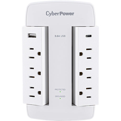 CYBERPOWER CyberPower CSP600WSURC5 Professional 6 - Outlet Surge with 900 J - NEMA 5-15P, Wall Tap, 2 - 3.6 Amps (Shared) USB, Lifetime Warranty - CSP600WSURC5