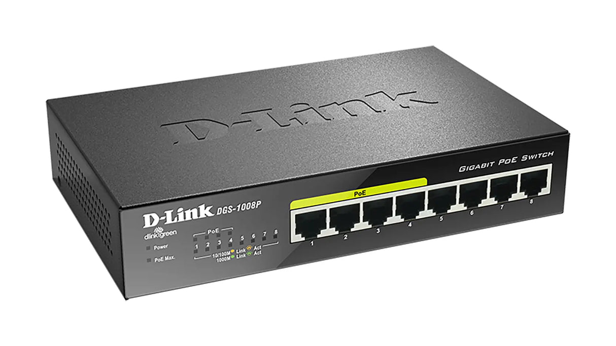 D-LINK D-Link DGS-1008P network switch Unmanaged Gigabit Ethernet (10/100/1000) Power over Ethernet (PoE) Black - DGS-1008P