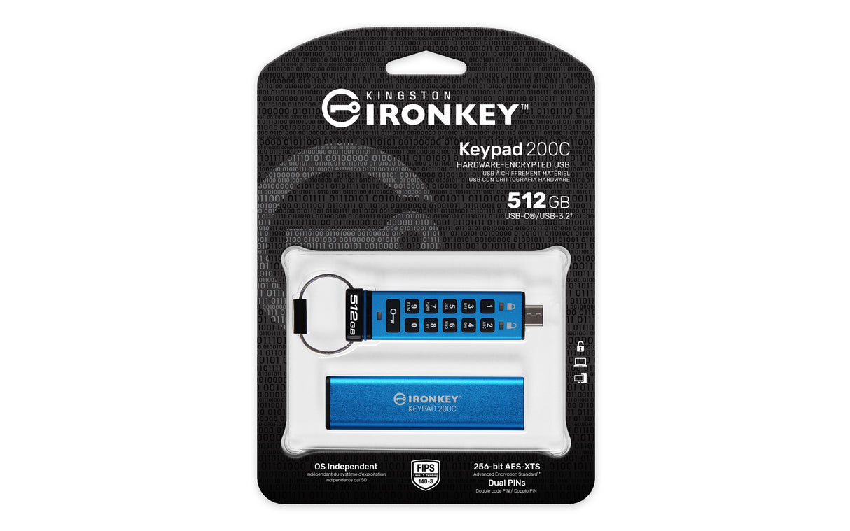 Kingston Technology IronKey 512GB USB-C Keypad 200C, FIPS 140-3 Lvl 3 AES-256 - IKKP200C/512GB