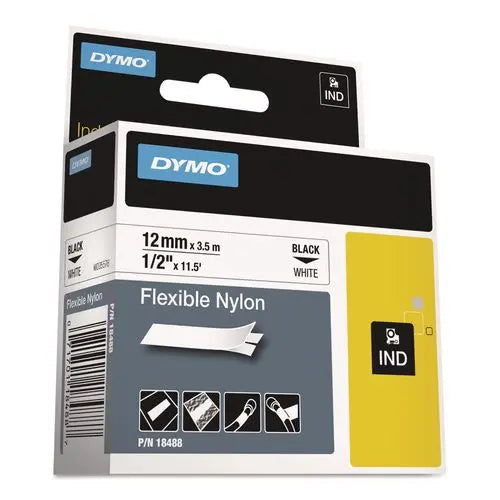 DYMO DYMO Rhino Flexible Nylon Industrial Label Tape, 0.5" x 11.5 ft, White/Black Print - 18488