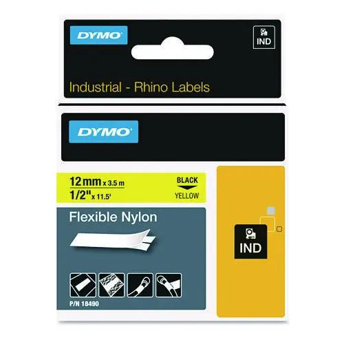 DYMO DYMO Rhino Flexible Nylon Industrial Label Tape, 0.5" x 11.5 ft, Yellow/Black Print - 18490