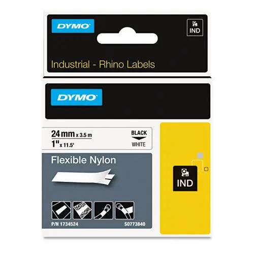 DYMO DYMO Rhino Flexible Nylon Industrial Label Tape, 1" x 11.5 ft, White/Black Print - 1734524