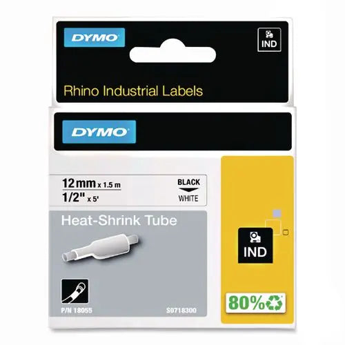 DYMO DYMO Rhino Heat Shrink Tubes Industrial Label Tape, 0.5" x 5 ft, White/Black Print - 18055