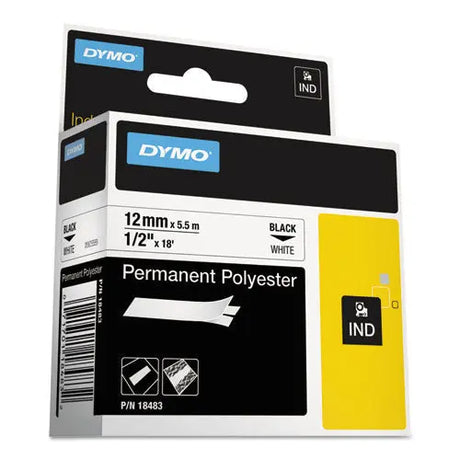 DYMO DYMO Rhino Permanent Poly Industrial Label Tape, 0.5" x 18 ft, White/Black Print - 18483