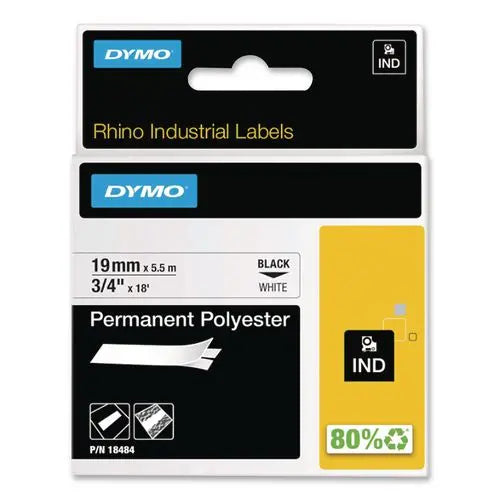 DYMO DYMO Rhino Permanent Poly Industrial Label Tape, 0.75" x 18 ft, White/Black Print - 18484