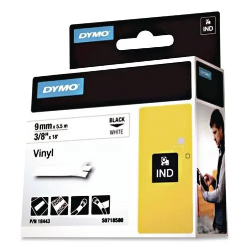 DYMO DYMO Rhino Permanent Vinyl Industrial Label Tape, 0.37" x 18 ft, White/Black Print - 18443