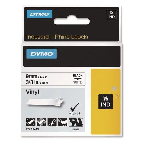 DYMO DYMO Rhino Permanent Vinyl Industrial Label Tape, 0.37" x 18 ft, White/Black Print - 18443