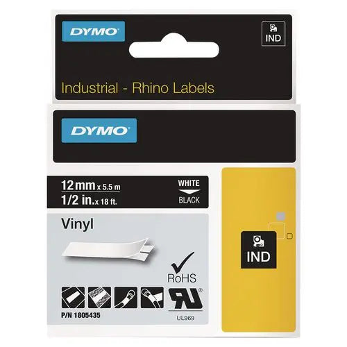 DYMO DYMO Rhino Permanent Vinyl Industrial Label Tape, 0.5" x 18 ft, Black/White Print - 1805435