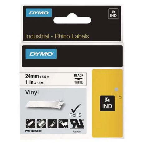 DYMO DYMO Rhino Permanent Vinyl Industrial Label Tape, 1" x 18 ft, White/Black Print - 1805430