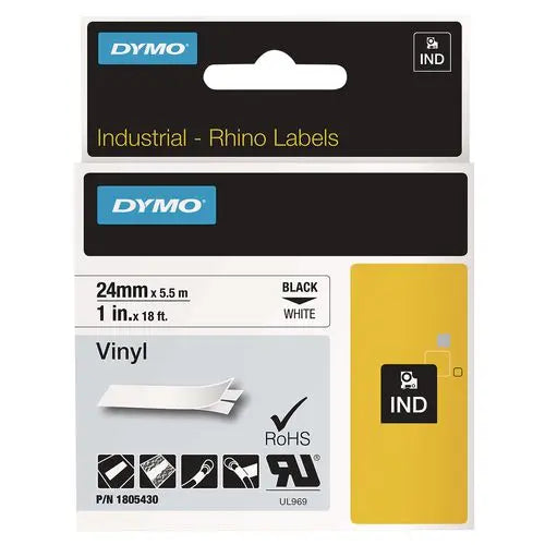 DYMO DYMO Rhino Permanent Vinyl Industrial Label Tape, 1" x 18 ft, White/Black Print - 1805430