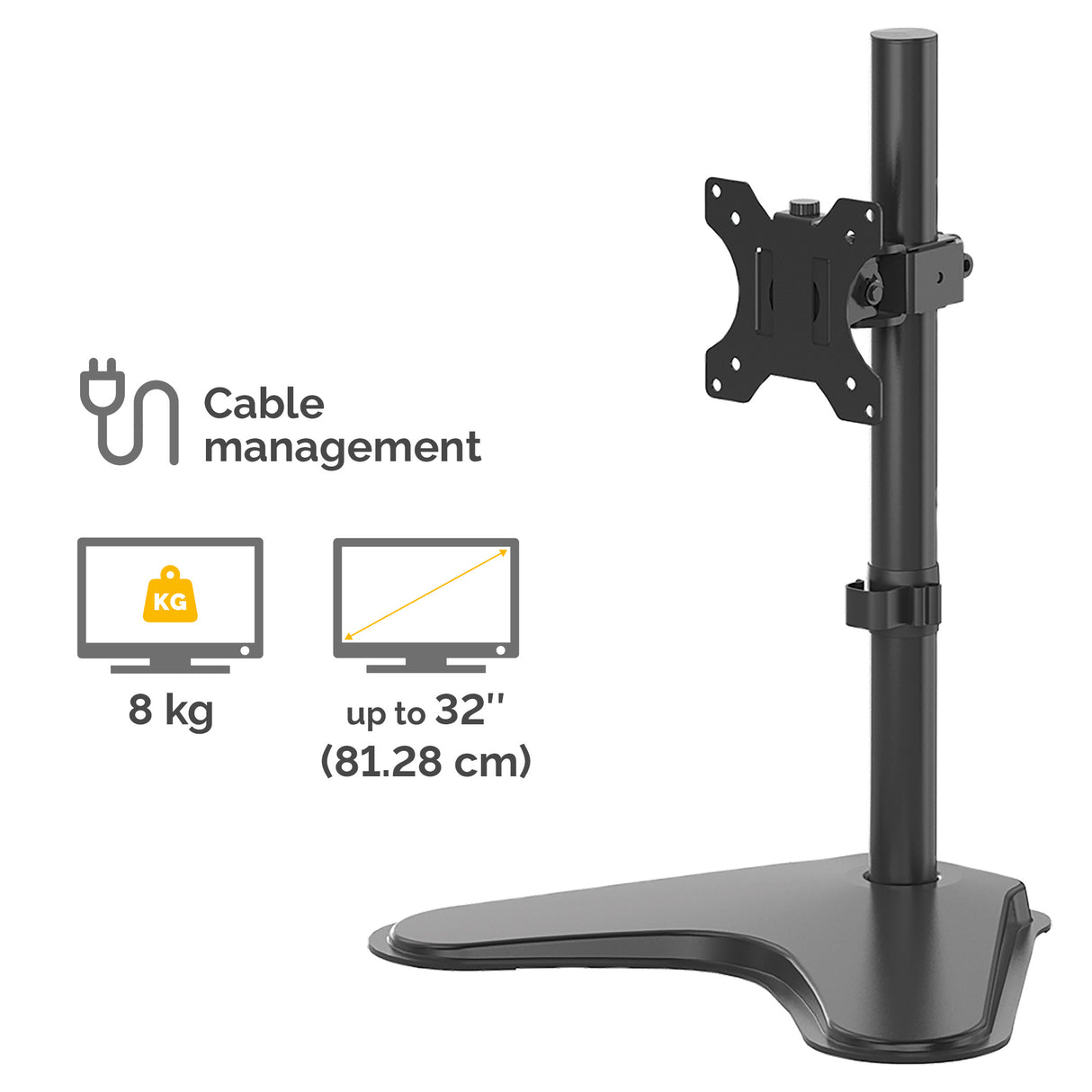 Fellowes Seasa Single Monitor Arm - Freestanding Monitor Mount for 8KG 32 inch Screens - Ergonomic Adjustable Monitor Arm - Tilt 45° Pan 120° Rotation 360°, VESA 75 x 75/100 x 100 - Black - 8049601