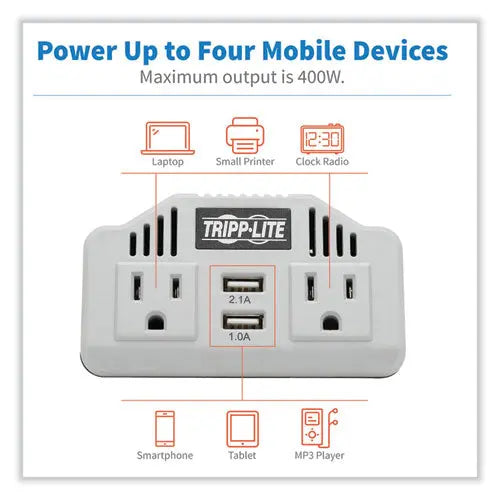 EATON EATON PowerVerter Ultra-Compact Car Inverter, 400 W, Two AC Outlets/Two USB Ports, 3.1 A - PV400USB