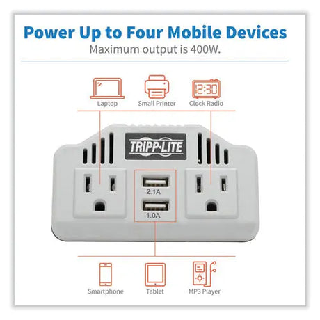 EATON EATON PowerVerter Ultra-Compact Car Inverter, 400 W, Two AC Outlets/Two USB Ports, 3.1 A - PV400USB