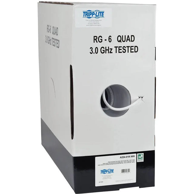 EATON Tripp Lite 1000ft RG6/U Quad Shield CMR Rated Coaxial Cable White 1000' - Coaxial - 1000 ft - 1 x Bare Wire - 1 x Bare Wire - Shielding - White - A224-01K-WH
