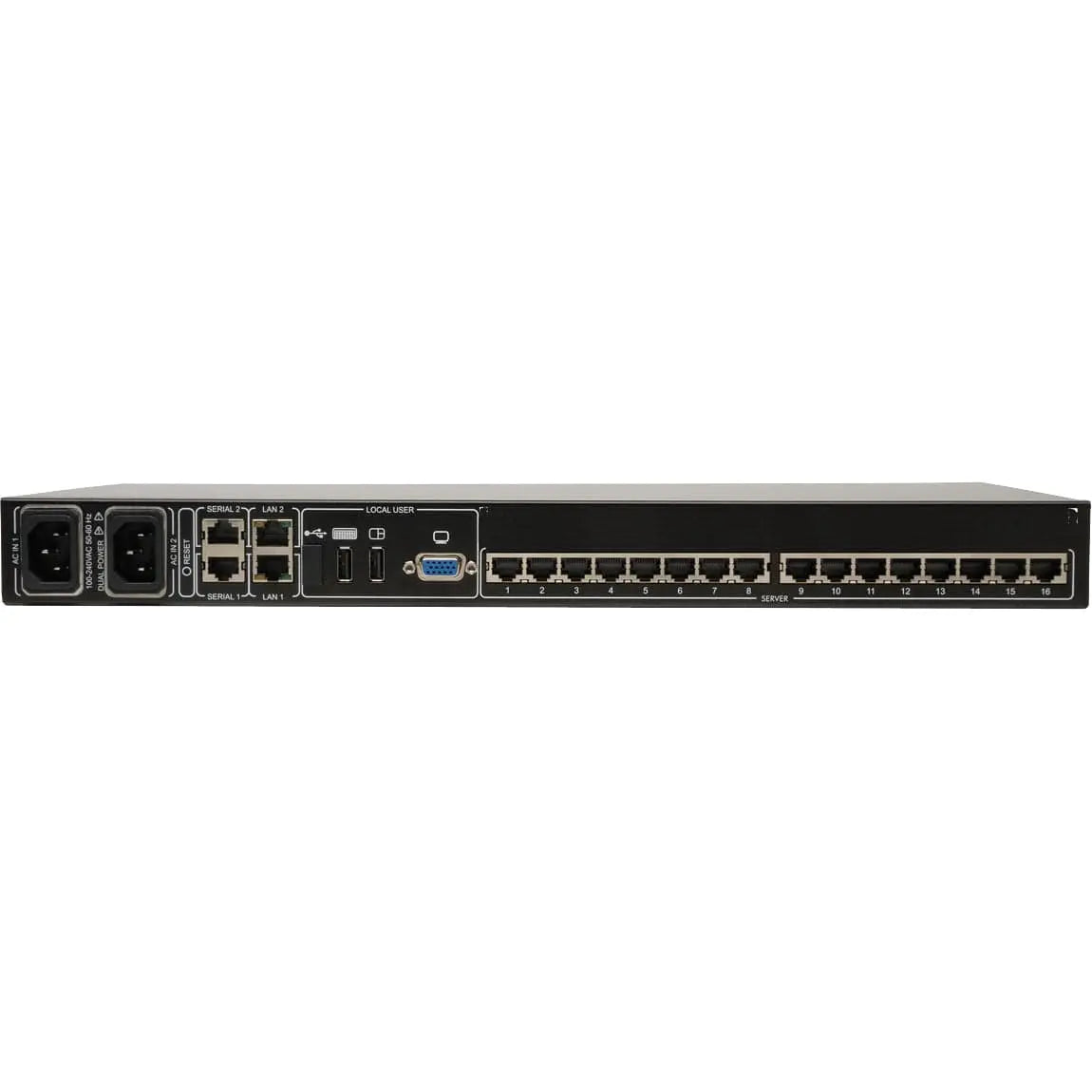 EATON Tripp Lite 16-Port Cat5 IP KVM Switch 1 Local 2 Remote User 1URM Rackmount - 16 Computer(s) - 1 Local User(s) - 2 Remote User(s) - 1920 x 1080 - 20 x Network (RJ-45) - 2 x USB1 x VGA - Rack-mountable ...  - B072-016-IP2
