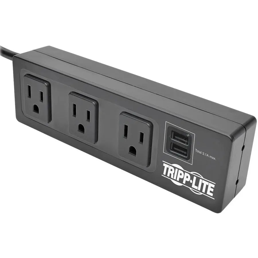 EATON Tripp Lite 3-Outlet Surge Protector Power Strip w/ 2-Port USB Charging Black - 3 x NEMA 5-15R, 2 x USB - 510 J - 120 V AC Input - 120 V AC, 5 V DC Output - TLP310USBS