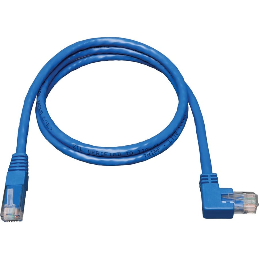 EATON Tripp Lite 3ft Cat6 Gigabit Molded Patch Cable RJ45 Right Angle to Straight M/M Blue 3' - Category 6e for Network Device - 3ft - 1 x RJ-45 Male Network - 1 x RJ-45 Male Network - Blue - N204-003-BL-RA