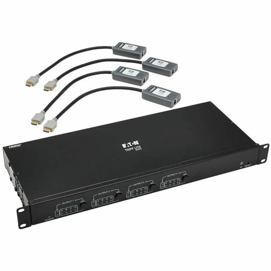 EATON Tripp Lite 4x4 HDMI over Cat6 Matrix Switch Kit, Switch/4x Pigtail Receivers - 4K 60 Hz, HDR, 4:4:4, PoC, 230 ft. (70.1 m), TAA - 3840 × 2160 - 4K - Twisted Pair - 4 x 4 - Display, Blu-ray Disc Player, Media Center, Set-top Box, Projector - TAA Compliant