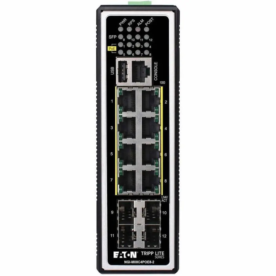 EATON Tripp Lite 8-Port Managed Industrial Gigabit Ethernet Switch - Layer 2, 1 Gbps, PoE+ 30W, 4 GbE SFP Ports, -40&deg; to 75&deg;C, DIN Mount - 8 Ports - Manageable - Gigabit Ethernet - 10/100/1000Base-T...  - NGI-M08C4POE8-2