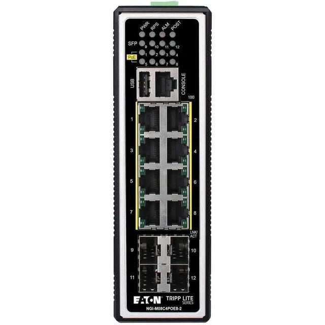EATON Tripp Lite 8-Port Managed Industrial Gigabit Ethernet Switch - Layer 2, 1 Gbps, PoE+ 30W, 4 GbE SFP Ports, -40&deg; to 75&deg;C, DIN Mount - 8 Ports - Manageable - Gigabit Ethernet - 10/100/1000Base-T...  - NGI-M08C4POE8-2