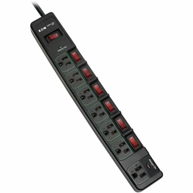 EATON Tripp Lite Eco Surge Protector Power Strip Green 7-Outlet 6ft Cord, Black - 7 x NEMA 5-15R - 1800 VA - 1080 J - 120 V AC Input - 120 V AC Output - TLP76MSGB