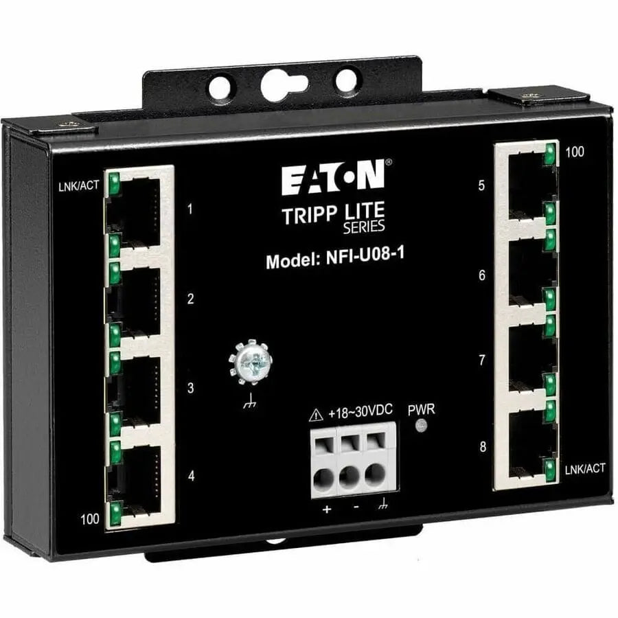 EATON Tripp Lite Ethernet Switch Unmanaged 8Port Industrial Wallmount 10/100 Mbps - 8 Ports - Fast Ethernet - 10/100Base-T - TAA Compliant - 2 Layer Supported - 4 W Power Consumption - Twisted Pair - DIN Ra...  - NFI-U08-1