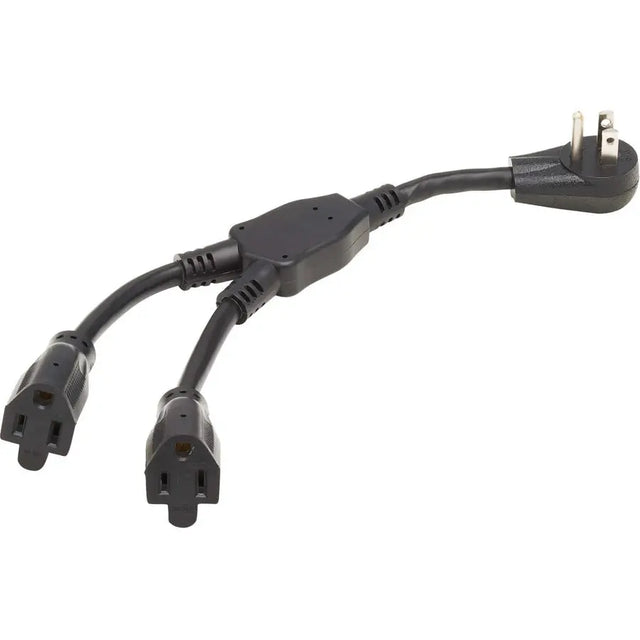 EATON Tripp Lite Extension Cord Y Splitter, Right-Angle NEMA 5-15P to 2x NEMA 5-15R - Heavy Duty, 15A, 120V, 14 AWG, 1 ft. (0.3 m), Black - For PC, Monitor, Printer, Home Theater, Desktop Computer, PDU, UPS - P024-001-15D-2