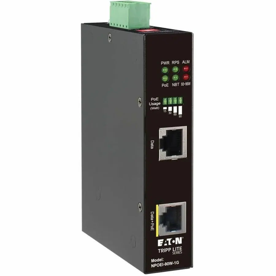 EATON Tripp Lite Gigabit Ethernet PoE Injector Industrial 90W PoE++ IP30 1-Port - 57 V DC Input - 1 x Ethernet Input Port(s) - 1 x RJ-45 Output Port(s) - Black - NPOEI-90W-1G