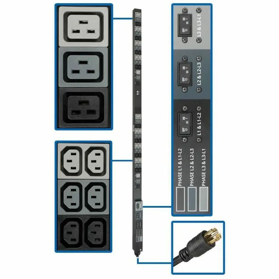 EATON Tripp Lite PDU 3-Phase Basic 208/120V 8.6kW 36 C13 6 C19 6 5-15/20R 70in 0U - Basic - NEMA L21-30P - 36 x IEC 60320 C13, 6 x IEC 60320 C19, 6 x NEMA 5-15/20R - 230 V AC - 0U - Vertical/Toolless - Rack...  - PDU3V6L2130