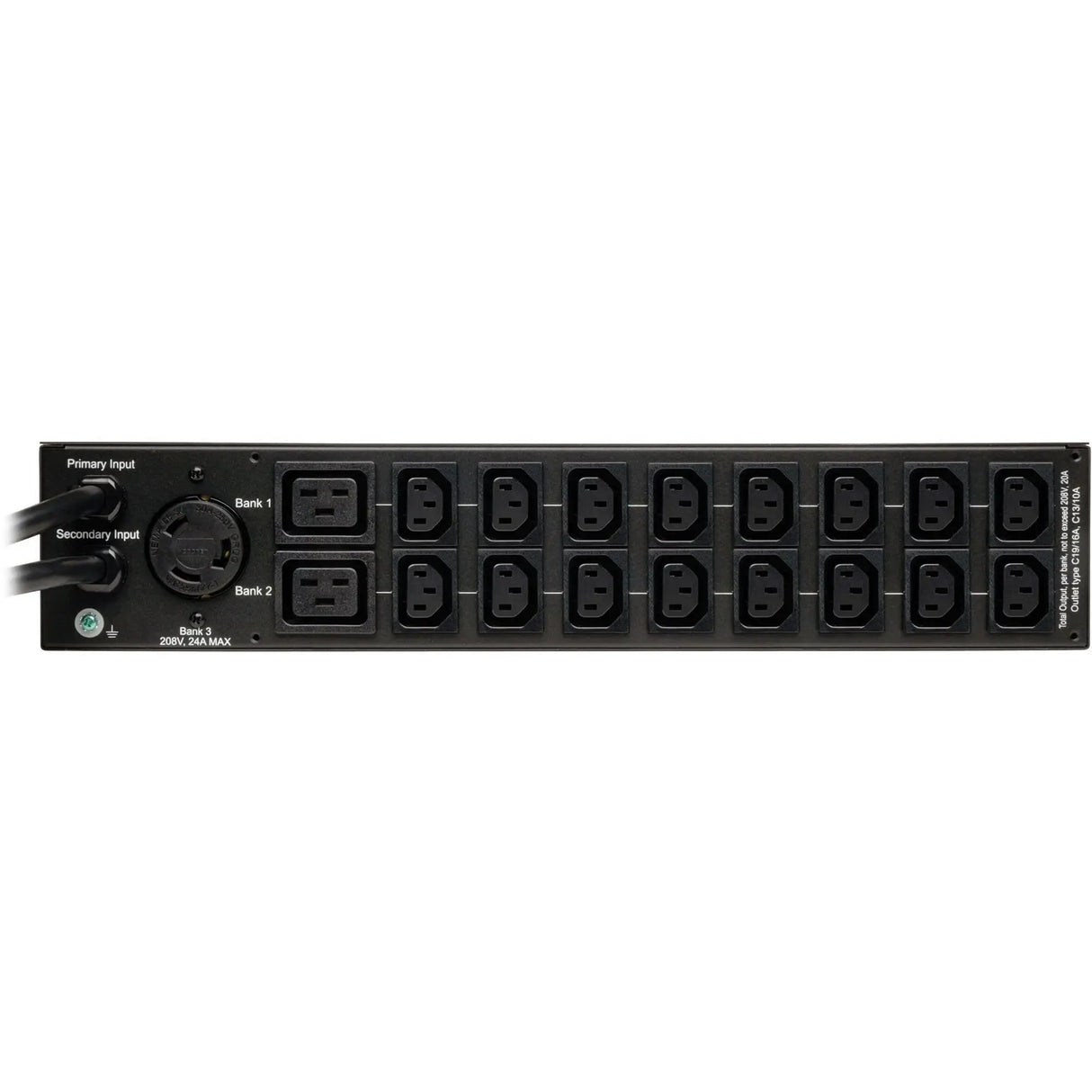 EATON Tripp Lite PDU Metered ATS 208V / 240V 30A 16 C13; 2 C19; 1 L6-30R 2URM - 2UHorizontal Rackmount - PDUMH30HVAT