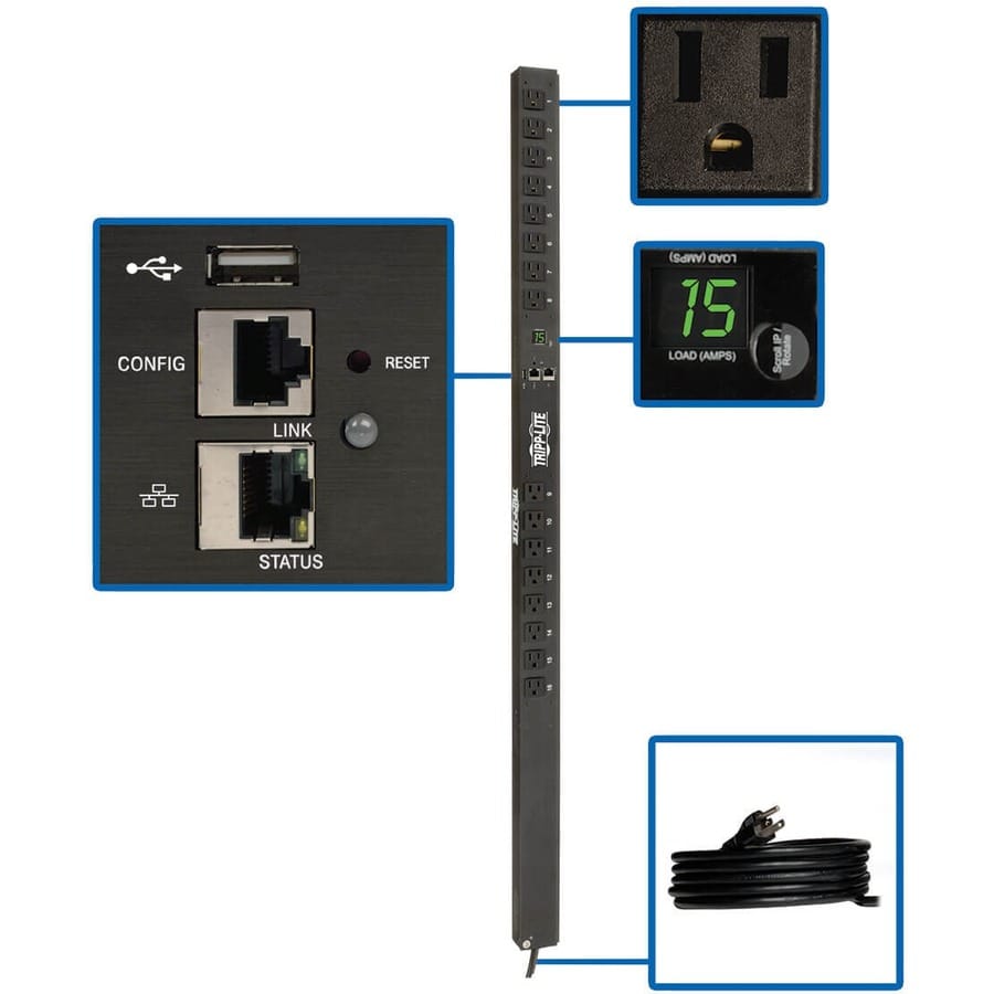 EATON Tripp Lite PDU Monitored 1.4kW 120V 16 5-15R LX Platform Interface 0URM TAA - Monitored - NEMA 5-15P - 16 x NEMA 5-15R - 120 V AC - 0U - Vertical - Rack Mount - TAA Compliant - PDUMNV15LX