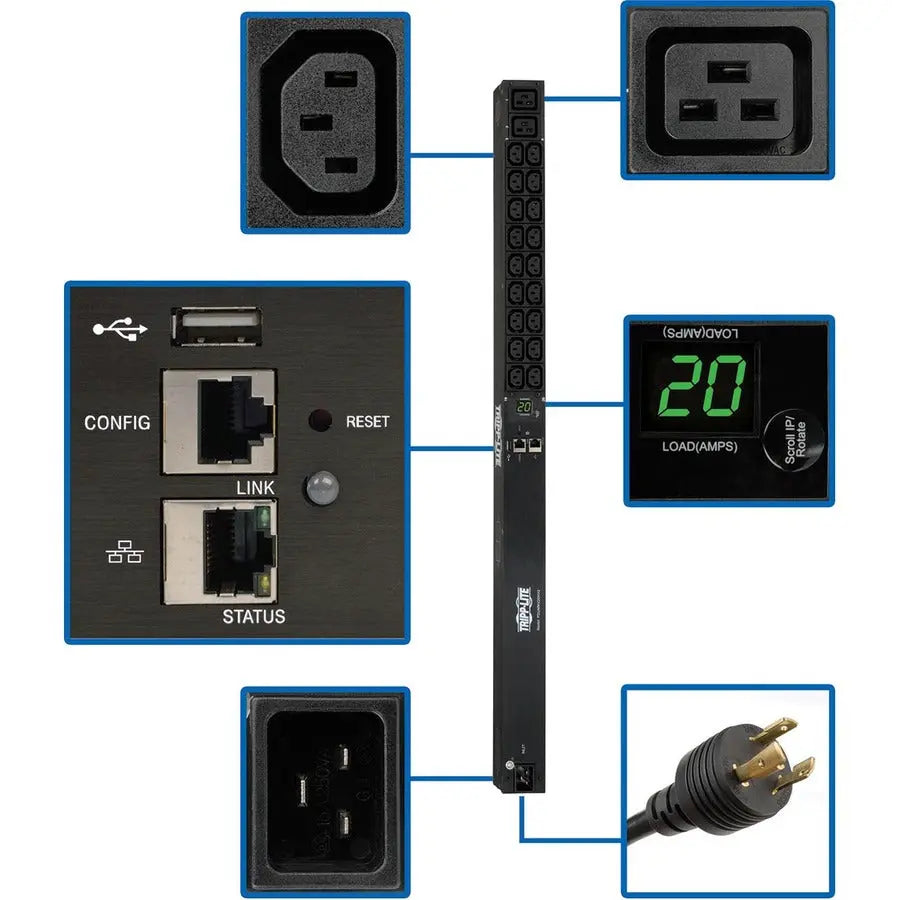Tripp Lite PDU Monitored 208/230V 20A 18 C13;2 C19 C20/L6-20P LX Interface - Monitored - NEMA L6-20P, IEC 60320 C20 - 2 x IEC 60320 C19, 18 x IEC 60320 C13 - 230 V AC - 0U - Vertical - Rack Mount - Ra - PDUMNV20HV2LX EATON