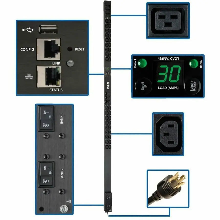 EATON Tripp Lite PDU Monitored 208/240V 30A 36 C13; 6 C19 L6-30P LX Interface 0U - Monitored - NEMA L6-30P - 6 x IEC 60320 C19, 36 x IEC 60320 C13 - 230 V AC - 0U - Vertical - Rack Mount - Rack-mountable -  - PDUMNV30HV2LX